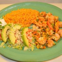Camarones al Mojo de Ajo · Shrimp grilled to perfection, cooked with fresh chopped garlic onion salsa. Served with rice...