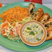 South West Chimichangas · 3 deep fried chimis cut in half, filled with diced grilled chicken, black beans, corn, spina...