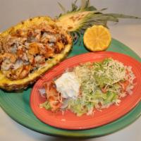 Hawaiian Fajitas · Chunks of pineapple, cooked with grilled chicken, onions, topped with melted cheese. Served ...