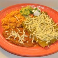Enchiladas Verdes · 3 corn tortillas rolled up and topped with our salsa Verde and melted cheese. Served with le...