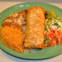 Burrito Suizo · Fully loaded burrito topped with melted cheese red salsa, filled with beans, lettuce, cheese...