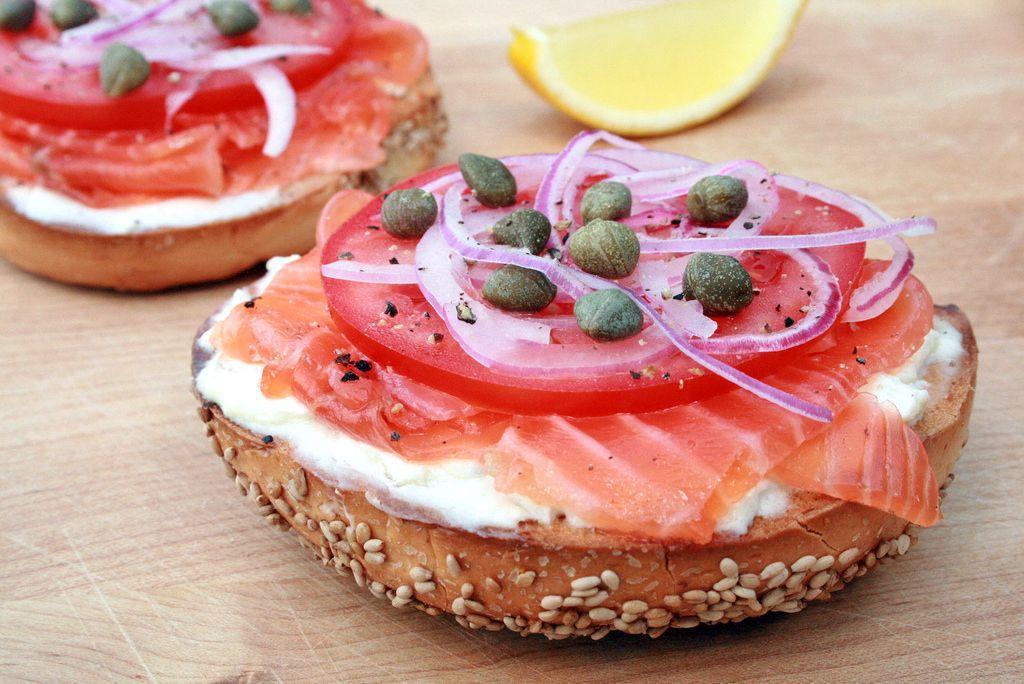 Bagel Deluxe · Bagel with lox, cream cheese, olives, red onions, lettuce and tomatoes.