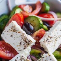 Greek Salad · Romaine lettuce, feta cheese, black pitted kalamata olives, cherry tomatoes, cucumbers, gree...