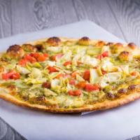 3. Pesto Pizza · Blend of basil and garlic, mozzarella cheese, topped with artichoke hearts and tomatoes.
