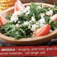 Ravin' Arugula Salad · Arugula, pine nuts, goat cheese and mini heirloom tomatoes.
