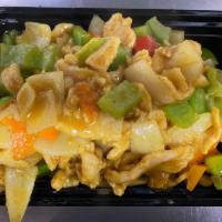 30. Curry Chicken · White meat chicken, onion, bell pepper, and carrots in a yellow curry spicy sauce. Served wi...