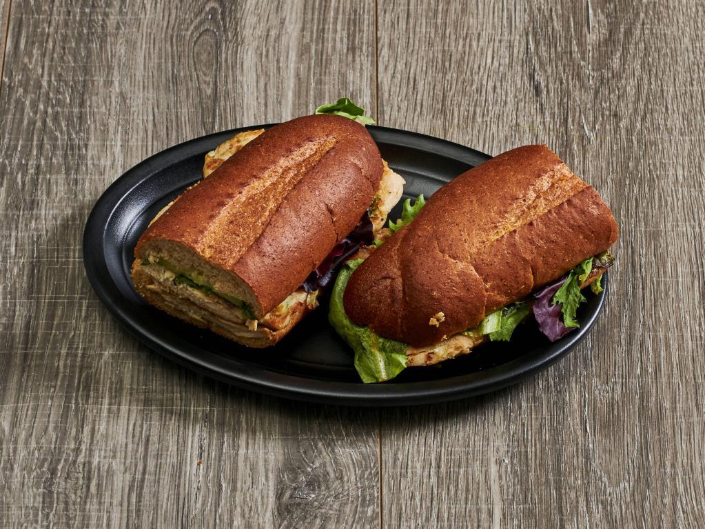 Lemongrass Chicken Hot Sandwich · With spring mixed greens, cucumber and spicy mayo. Spicy.