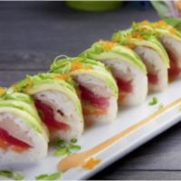 R2 Zen Sashimi Roll · Tuna, yellowtail, and salmon on the inside. Soy paper, avocado, and spicy wasabi sauce on th...