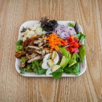 Grilled Chicken Cobb Salad · Grilled chicken, romaine lettuce, chopped bacon, diced tomato, red onion, avocado, sliced pe...