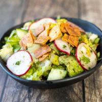 Peasant Bread Salad · Romaine lettuce, tomatoes, cucumbers, onions, olives, parsley, pickles, radishes, mint, brea...