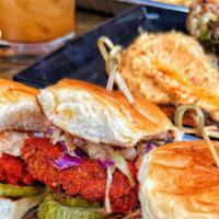 Side Chick Sliders · 3 Sweet & Spicy fried chicken sliders topped with coleslaw,pickles & chipotle on a Hawaiian ...