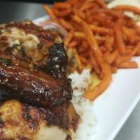 Hawaiian Style Chicken Plate · 1/2 roasted Chicken Hawaiian style(teriyaki sauce on chicken) and on a bed of white rice, wi...