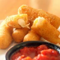 Mozzarella Cheese Sticks · Fried mozzarella cheese sticks and red dipping sauce.