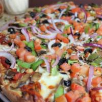 Gluten-Free Veggie Pizza · Mushrooms, black olives, bell peppers, red onion and tomatoes. Gluten free and vegetarian.