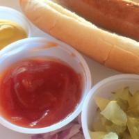 Beef Hot Dog · Beef hot dog with ketchup, mustard, and relish.