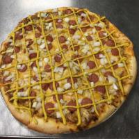 Coney Dog Pizza · Large Coney Dog Pizza with coney sauce with beef, cheese, onions, mustard, and hot dog slices