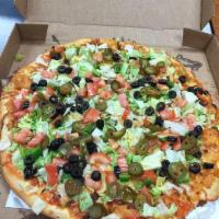 Taco Pizza · Large Pizza 4 cheeses, taco sauce, lettuce, tomatoes, black olives, nacho cheese doritos, ja...