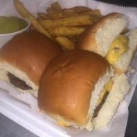 Sammy T's Slider Combo · 3 small sliders with cheese and pickles on a delicious grilled slider patties and a side of ...