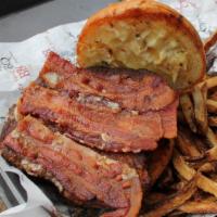 Bacon Blue Burger · Big 1/2 lb burger with 1 side, pickles, and 1 sauce. A marriage of the BBQ staple beef brisk...