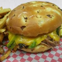 Jalapeno Cheddar Burger · Big 1/2 lb burger with 1 side, pickles, and 1 sauce. A marriage of the BBQ staple beef brisk...