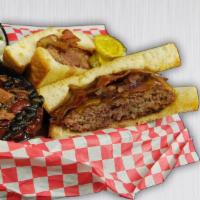 Patty Melt Burger · Big 1/2 lb burger with 1 side, pickles, and 1 sauce. A marriage of the BBQ staple beef brisk...
