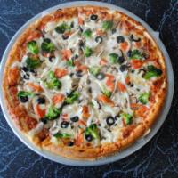 Vegetarian Specialty Pizza · Mushrooms, black olives, onions, peppers and fresh tomatoes.