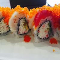 Rainbow Roll · California roll topped with assorted fish and tobiko.