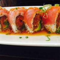 Super Star Roll · Spicy tuna, avocado, cucumber topped with tuna, spicy garlic ponzu sauce on the side