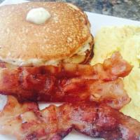 Hungry Platter Man · pancakes or french toast served with two eggs, bacon & sausage.