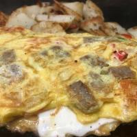 Italian Omelette · Sausage, onions, tomatoes, peppers and mozzarella cheese. Served with french fries, home fri...
