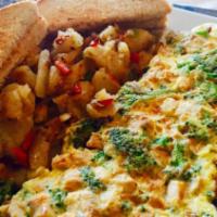 Chicken & Broccoli Omelette · Served with french fries, home fries or hash brown and white or wheat toast. 