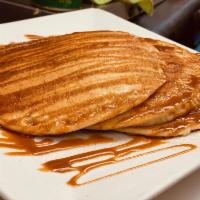 cinnamon pancakes! · Three pieces of pancakes  powered with cinnamon sugar and glazed with dulce de leche!