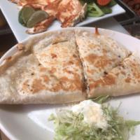 quezadillas de harina · folded flour tortilla with melted cheese and the choice of meat. green salsa & sour cream on...