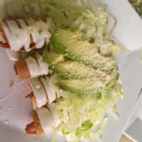 flautas · four roll crispy tacos filled with your choice of meat topped with sour cream lettuce avocad...