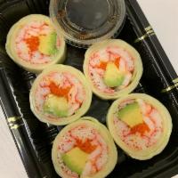 Naruto · Crab stick, shrimp, tobiko, avocado and spicy mayo rolled with thinly-sliced cucumbers.