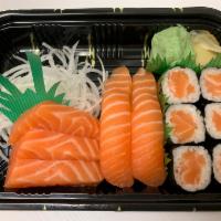 Salmon Lover Combo · Sake maki, 2 pieces of salmon sushi, 3 pieces of salmon sashimi. Served with miso soup.