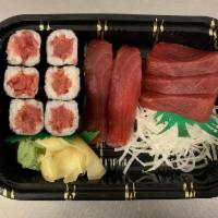 Tuna Lover Combo · Tekka maki, 2 pieces of tuna sushi, 3 pieces of tuna sashimi. Served with miso soup.
