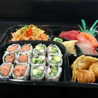 Sushi Bento Box Deluxe Entree · A combination of sashimi, spicy tuna maki, California maki, spicy seafood salad, gyzoa and s...