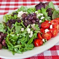 Mediterranean Dream Salad · Mixed greens, garden tomato, kalamata olives and feta cheese with aged balsamic vinaigrette.