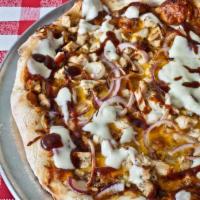 BBQ Chicken Pizza · barbecue sauce, chicken breast, red onion, fresh mozzarella, Wisconsin cheddar cheese finish...