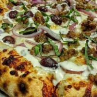 Zorba The Greek Pizza · mozzarella, garlic-infused olive oil, Kalamata olives, hamburger, feta cheese and red onion ...