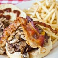 Mushroom Burger · Sauteed mushrooms, Wisconsin cheddar cheese, Virginia slab bacon and a splash of A-1 steak s...