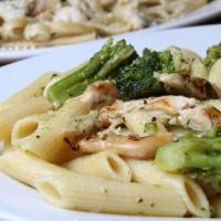 Chicken and Broccoli Penne · Penne, chicken and sauteed broccoli with garlic and extra-virgin olive oil.