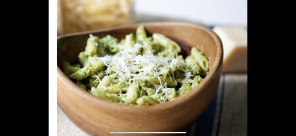 Pesto Penne ( Nute Free Pesto) · Penne pasta tossed in pesto sauce topped with Parmesan cheese