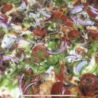 Supreme Pizza · Red sauce, mozzarella, pepperoni, sausage, green pepper, onion and sliced mushroom.