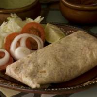 4. Burrito Grande Plate · Burrito grande and relleno de cualquier guisado.