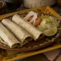8. 3 Pieces Burritos Plate · 3 burritos de harina servidos with cualquier guisado al gusto acompañadas with ensalada and ...