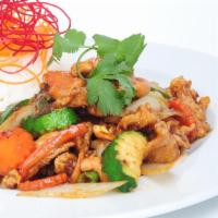 Cashew Nut Chicken · Stir-fried battered chicken breast and cashew nuts with bell peppers, carrots, onions and zu...