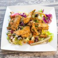 Athenian Chicken Salad · Greek salad served with athenian chicken strips.