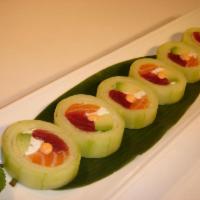 Fresh Summer Roll · Raw. Tuna, salmon, cream cheese, and avocado rolled in cucumber with spicy mayo on top light...